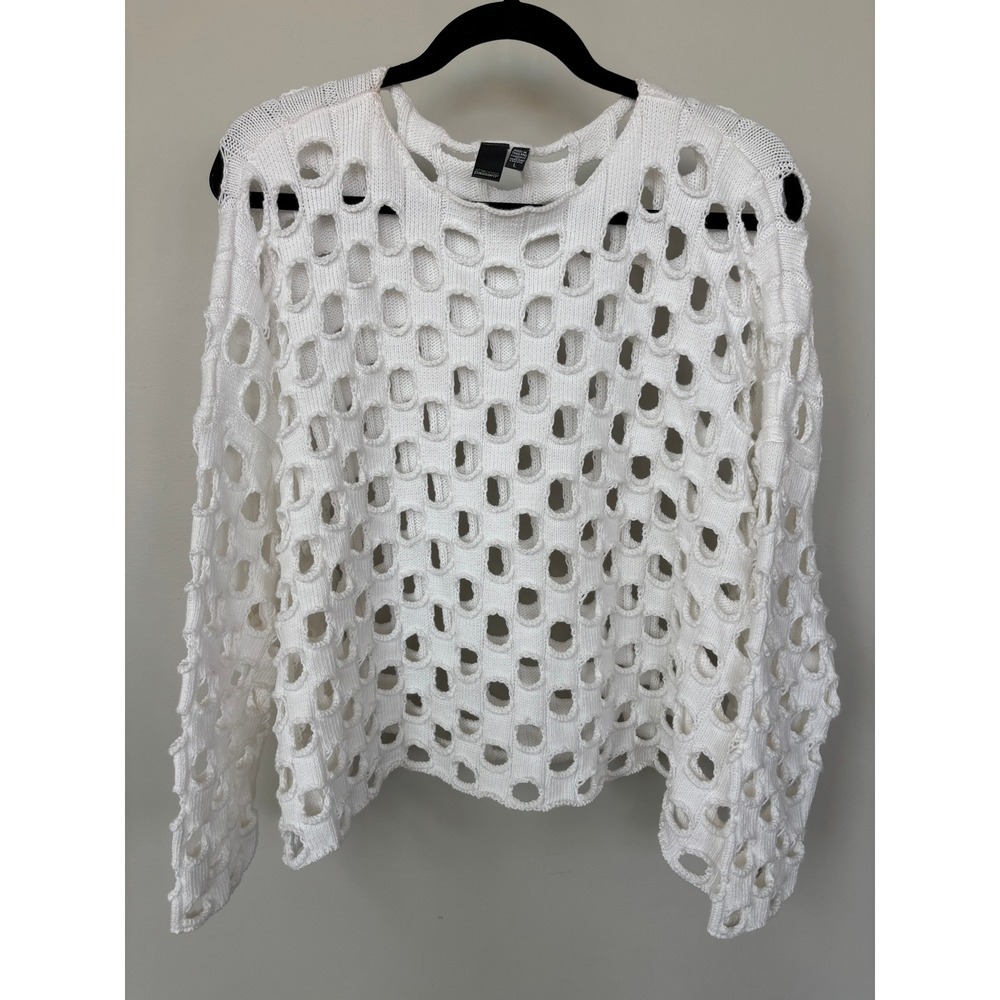Shannon Passero White Cotton Open Knit Cutout Sweater Large Boho Mesh Layering